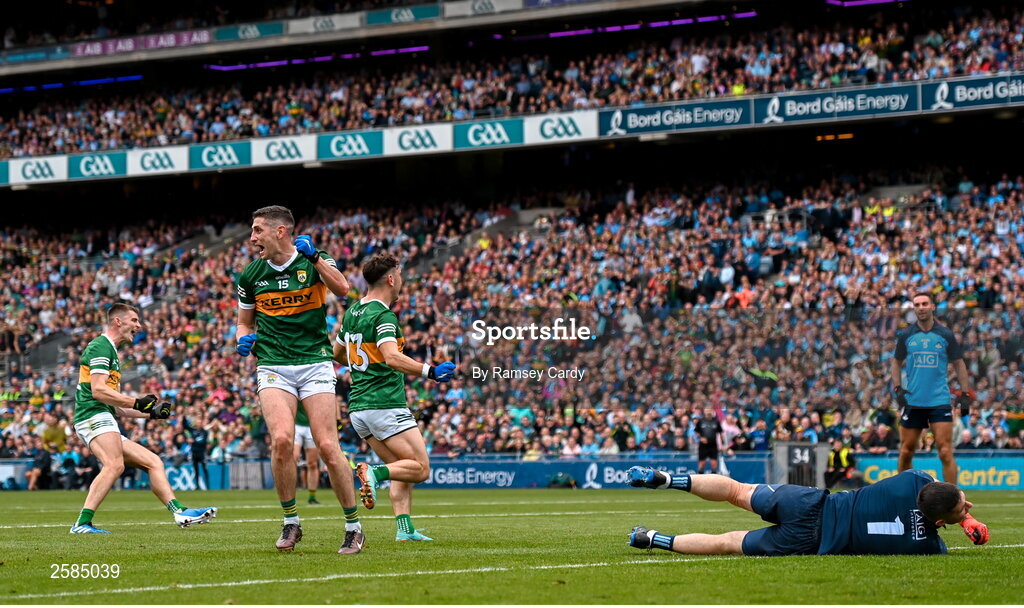 30 July 2023; Paul Geaney of Kerry celebrates after scoring his side's first goal during the GAA Football All-Ireland Senior Championship final match between Dublin and Kerry at Croke Park in Dublin. Photo by Ramsey Cardy/Sportsfile