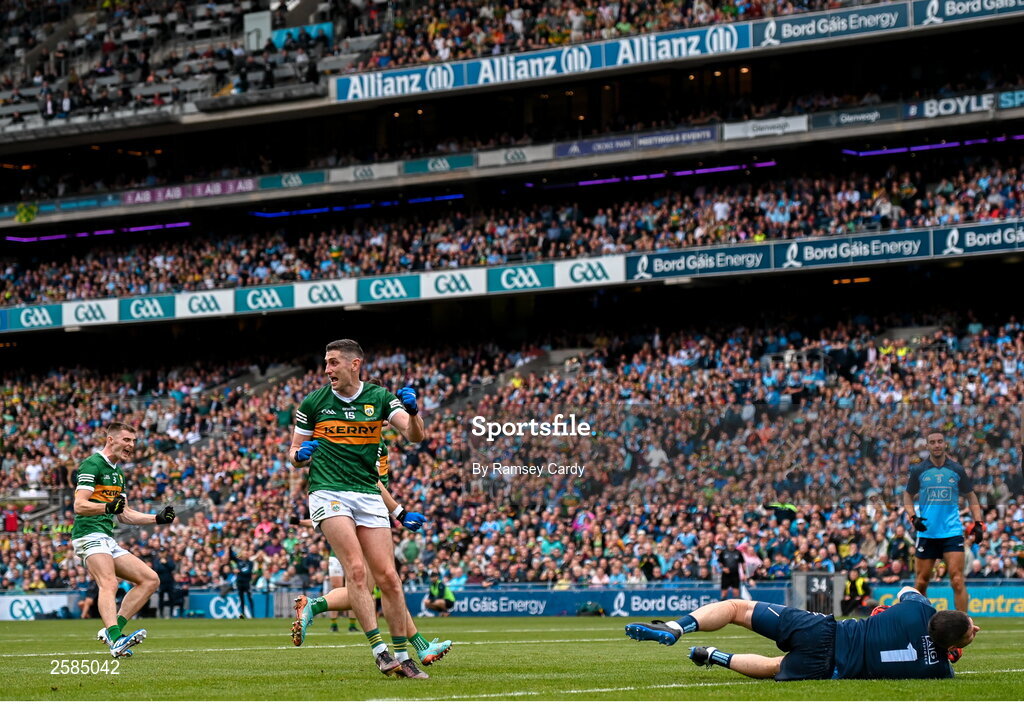 30 July 2023; Paul Geaney of Kerry celebrates after scoring his side's first goal during the GAA Football All-Ireland Senior Championship final match between Dublin and Kerry at Croke Park in Dublin. Photo by Ramsey Cardy/Sportsfile