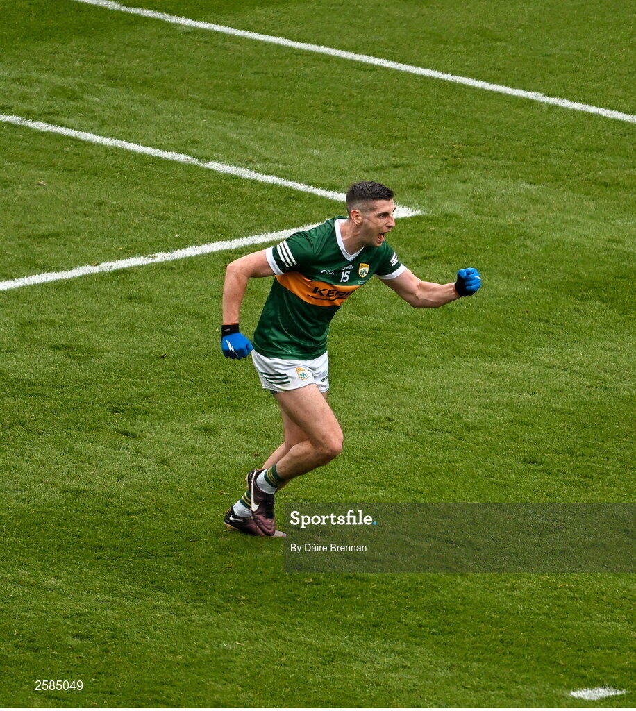 30 July 2023; Paul Geaney of Kerry celebrates after scoring his side's first goal during the GAA Football All-Ireland Senior Championship final match between Dublin and Kerry at Croke Park in Dublin. Photo by Daire Brennan/Sportsfile