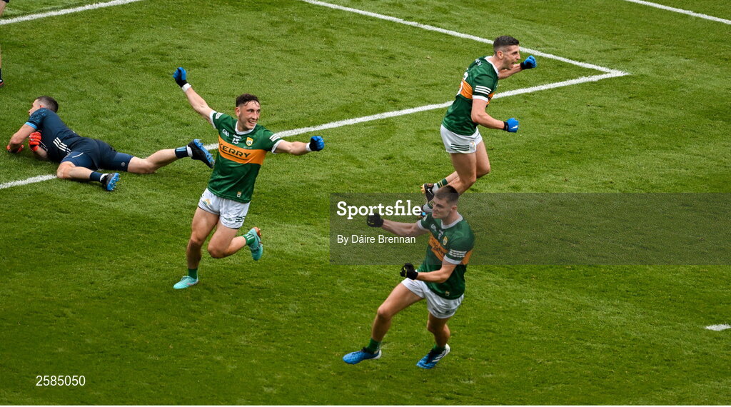 30 July 2023; Paul Geaney of Kerry celebrates after scoring his side's first goal during the GAA Football All-Ireland Senior Championship final match between Dublin and Kerry at Croke Park in Dublin. Photo by Daire Brennan/Sportsfile