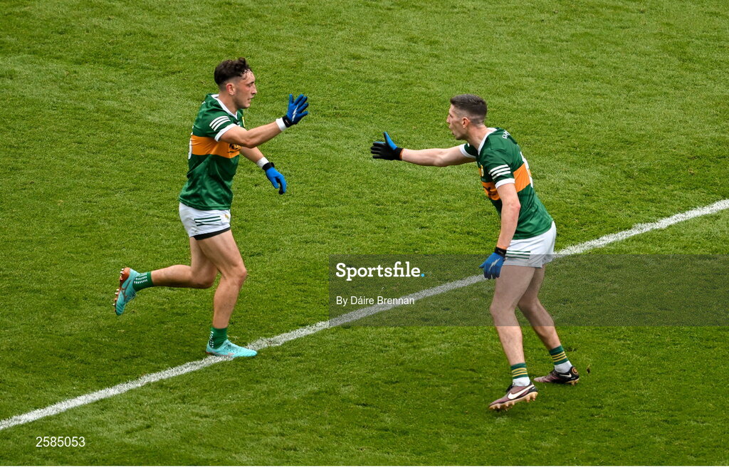 30 July 2023; Paul Geaney of Kerry, right, celebrates with team-mate Paudie Clifford, after scoring his side's first goal during the GAA Football All-Ireland Senior Championship final match between Dublin and Kerry at Croke Park in Dublin. Photo by Daire Brennan/Sportsfile