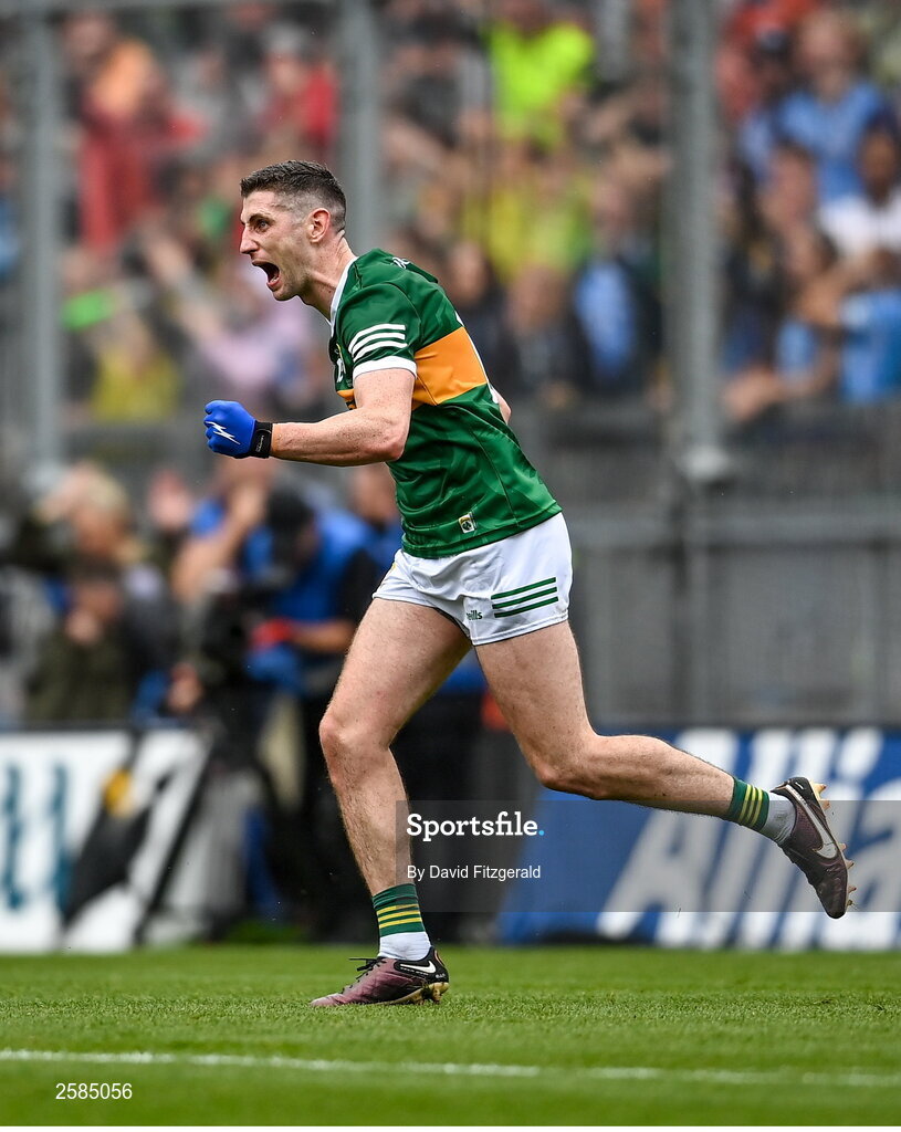 30 July 2023; Paul Geaney of Kerry celebrates after scoring his side's first goal during the GAA Football All-Ireland Senior Championship final match between Dublin and Kerry at Croke Park in Dublin. Photo by David Fitzgerald/Sportsfile