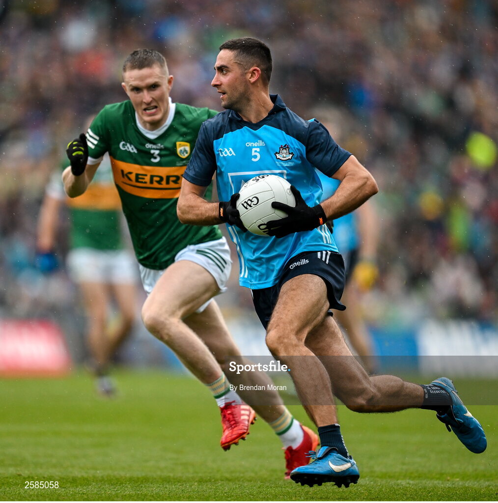 30 July 2023; James McCarthy of Dublin in action against Jason Foley of Kerry during the GAA Football All-Ireland Senior Championship final match between Dublin and Kerry at Croke Park in Dublin. Photo by Brendan Moran/Sportsfile