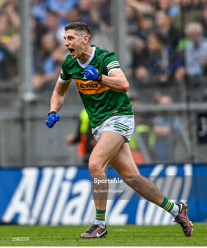 30 July 2023; Paul Geaney of Kerry celebrates after scoring his side's first goal during the GAA Football All-Ireland Senior Championship final match between Dublin and Kerry at Croke Park in Dublin. Photo by David Fitzgerald/Sportsfile