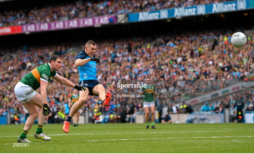 30 July 2023; Con O'Callaghan of Dublin shoots at goal under pressure from Tadhg Morley of Kerry during the GAA Football All-Ireland Senior Championship final match between Dublin and Kerry at Croke Park in Dublin. Photo by Ramsey Cardy/Sportsfile