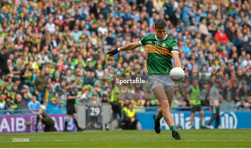 30 July 2023; David Clifford of Kerry converts a free during the GAA Football All-Ireland Senior Championship final match between Dublin and Kerry at Croke Park in Dublin. Photo by Seb Daly/Sportsfile