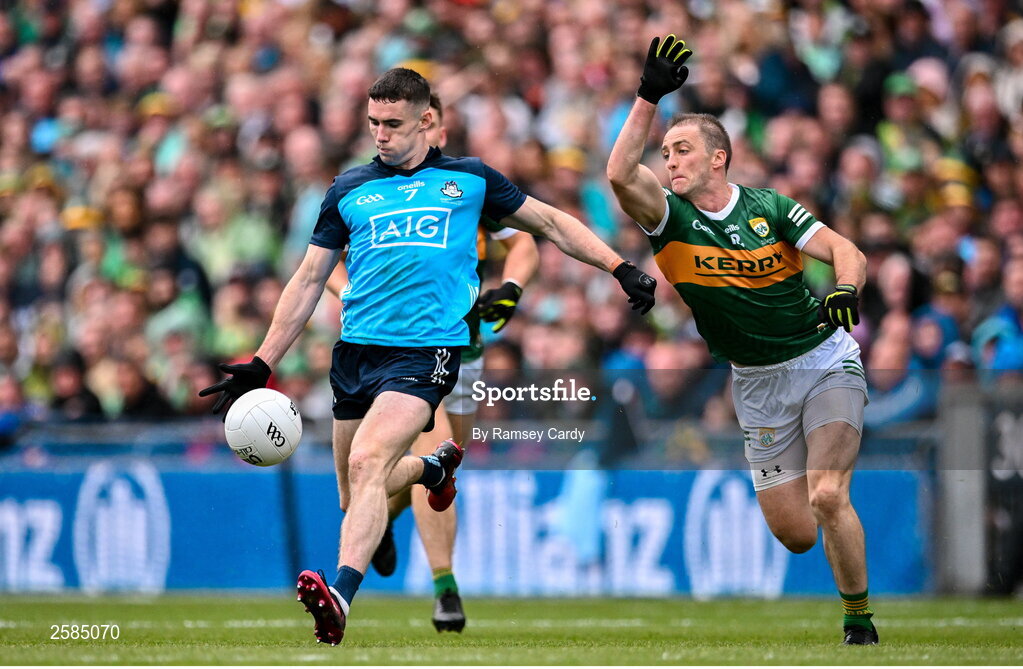 30 July 2023; Lee Gannon of Dublin is tackled by Stephen O'Brien of Kerry during the GAA Football All-Ireland Senior Championship final match between Dublin and Kerry at Croke Park in Dublin. Photo by Ramsey Cardy/Sportsfile