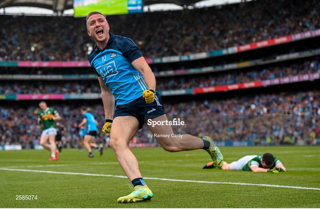 30 July 2023; Paddy Small of Dublin celebrates after scoring his side's first goal during the GAA Football All-Ireland Senior Championship final match between Dublin and Kerry at Croke Park in Dublin. Photo by Ramsey Cardy/Sportsfile