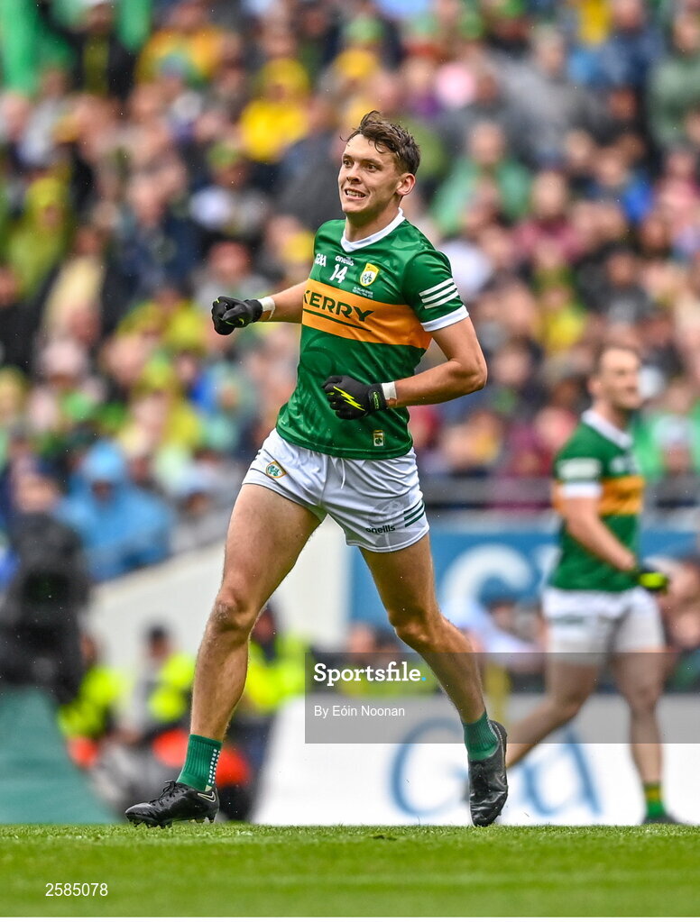 30 July 2023; David Clifford of Kerry celebrates scoring a point during the GAA Football All-Ireland Senior Championship final match between Dublin and Kerry at Croke Park in Dublin. Photo by Eóin Noonan/Sportsfile