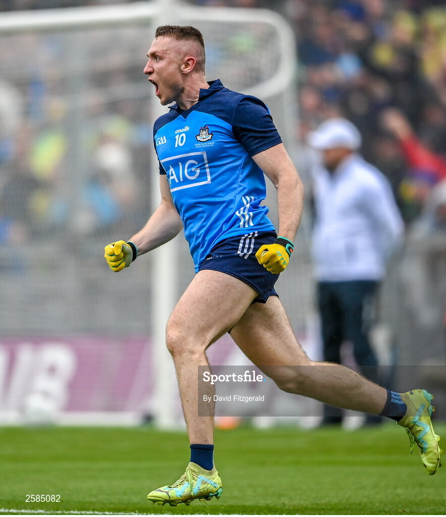 30 July 2023; Paddy Small of Dublin celebrates after scoring his side's first goal during the GAA Football All-Ireland Senior Championship final match between Dublin and Kerry at Croke Park in Dublin. Photo by David Fitzgerald/Sportsfile
