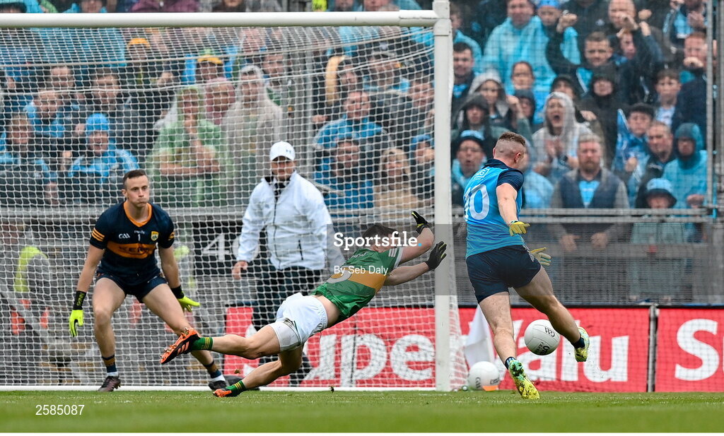 30 July 2023; Paddy Small of Dublin scores his side's first goal, despite pressure from Kerry's Paul Murphy , during the GAA Football All-Ireland Senior Championship final match between Dublin and Kerry at Croke Park in Dublin. Photo by Seb Daly/Sportsfile