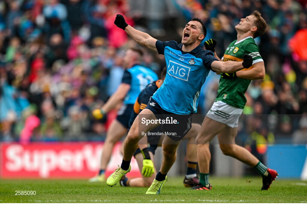 30 July 2023; Colm Basquel of Dublin celebrates after his teamate Paddy Small, scores their side's first goal during the GAA Football All-Ireland Senior Championship final match between Dublin and Kerry at Croke Park in Dublin. Photo by Brendan Moran/Sportsfile