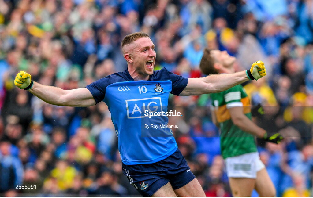 30 July 2023; Paddy Small of Dublin celebrates his 46th minute goal during the GAA Football All-Ireland Senior Championship final match between Dublin and Kerry at Croke Park in Dublin. Photo by Ray McManus/Sportsfile