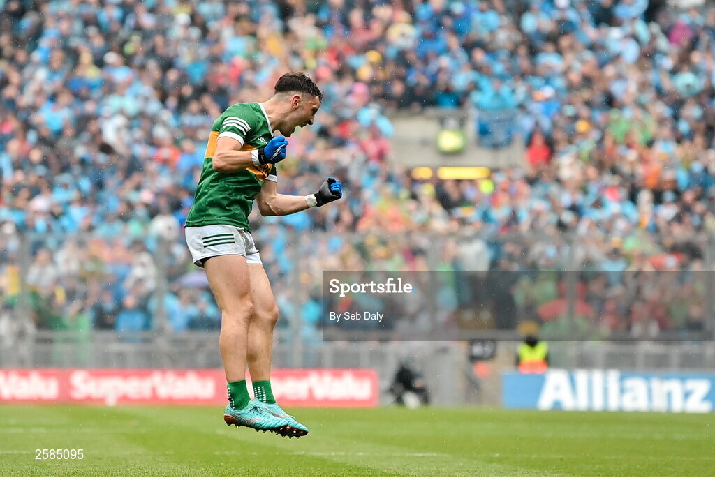 30 July 2023; Paudie Clifford of Kerry celebrates kicking a point during the GAA Football All-Ireland Senior Championship final match between Dublin and Kerry at Croke Park in Dublin. Photo by Seb Daly/Sportsfile