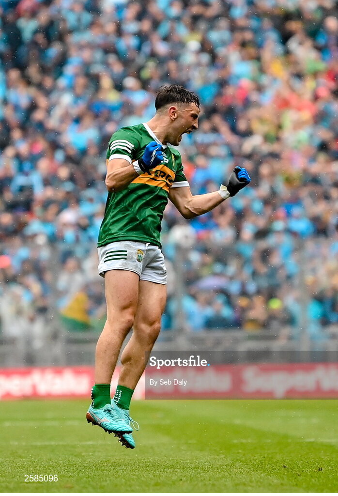 30 July 2023; Paudie Clifford of Kerry celebrates kicking a point during the GAA Football All-Ireland Senior Championship final match between Dublin and Kerry at Croke Park in Dublin. Photo by Seb Daly/Sportsfile