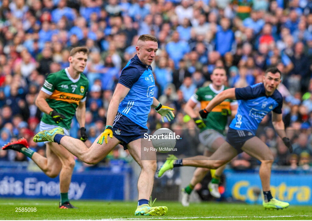 30 July 2023; Paddy Small of Dublin kicks his 46th minute goal during the GAA Football All-Ireland Senior Championship final match between Dublin and Kerry at Croke Park in Dublin. Photo by Ray McManus/Sportsfile