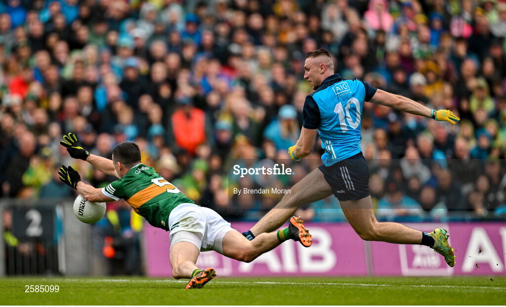 30 July 2023; Paddy Small of Dublin scores his side's first goal despite the efforts of Paul Murphy of Kerry during the GAA Football All-Ireland Senior Championship final match between Dublin and Kerry at Croke Park in Dublin. Photo by Brendan Moran/Sportsfile