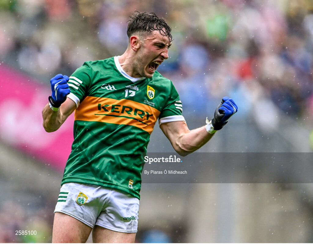 30 July 2023; Paudie Clifford of Kerry celebrates after scoring a point during the GAA Football All-Ireland Senior Championship final match between Dublin and Kerry at Croke Park in Dublin. Photo by Piaras Ó Mídheach/Sportsfile