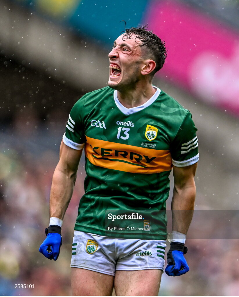 30 July 2023; Paudie Clifford of Kerry celebrates after scoring a point during the GAA Football All-Ireland Senior Championship final match between Dublin and Kerry at Croke Park in Dublin. Photo by Piaras Ó Mídheach/Sportsfile