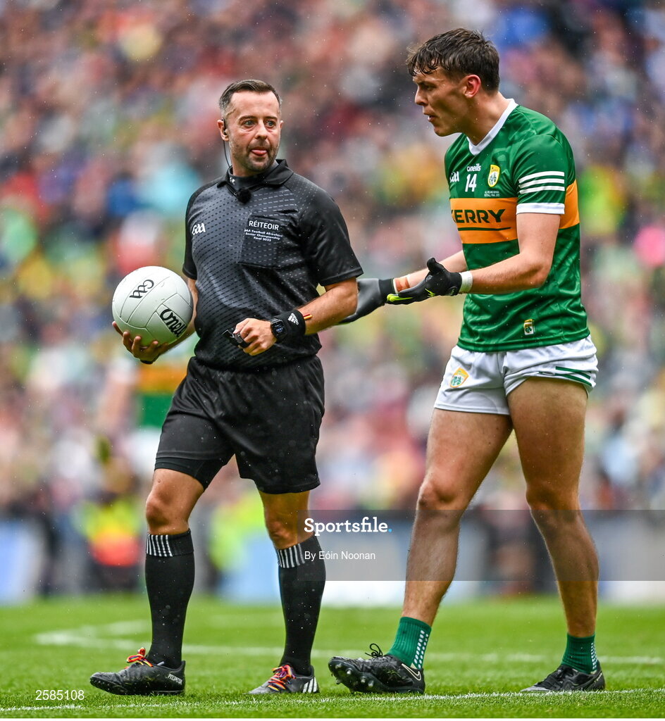 30 July 2023; David Clifford of Kerry protests with Referee David Gough during the GAA Football All-Ireland Senior Championship final match between Dublin and Kerry at Croke Park in Dublin. Photo by Eóin Noonan/Sportsfile
