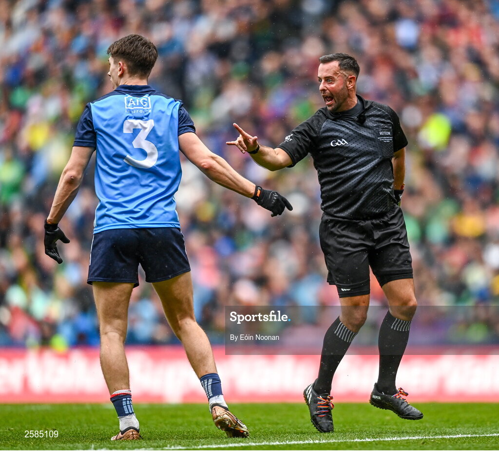 30 July 2023; Michael Fitzsimons of Dublin protests with referee David Gough during the GAA Football All-Ireland Senior Championship final match between Dublin and Kerry at Croke Park in Dublin. Photo by Eóin Noonan/Sportsfile