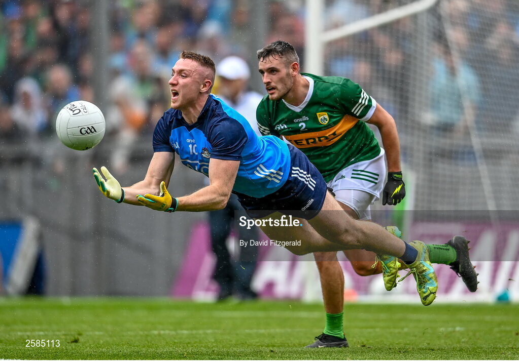 30 July 2023; Paddy Small of Dublin in action against Graham O'Sullivan of Kerry during the GAA Football All-Ireland Senior Championship final match between Dublin and Kerry at Croke Park in Dublin. Photo by David Fitzgerald/Sportsfile