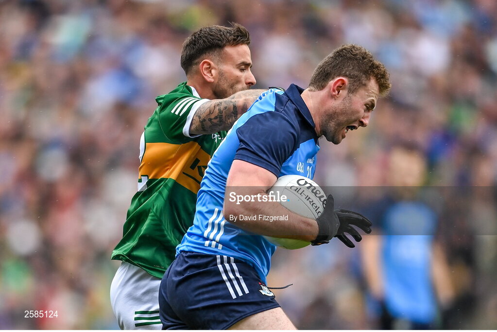 30 July 2023; Jack McCaffrey of Dublin in action against Graham O'Sullivan of Kerry during the GAA Football All-Ireland Senior Championship final match between Dublin and Kerry at Croke Park in Dublin. Photo by David Fitzgerald/Sportsfile