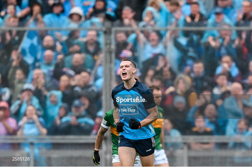 30 July 2023; Brian Fenton of Dublin celebrates kicking a point during the GAA Football All-Ireland Senior Championship final match between Dublin and Kerry at Croke Park in Dublin. Photo by Seb Daly/Sportsfile