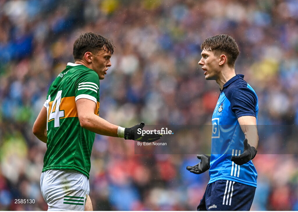 30 July 2023; David Clifford of Kerry and Michael Fitzsimons of Dublin during the GAA Football All-Ireland Senior Championship final match between Dublin and Kerry at Croke Park in Dublin. Photo by Eóin Noonan/Sportsfile