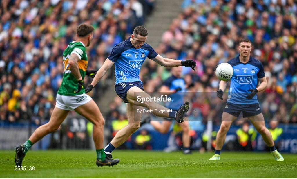 30 July 2023; Brian Fenton of Dublin scores a point during the GAA Football All-Ireland Senior Championship final match between Dublin and Kerry at Croke Park in Dublin. Photo by David Fitzgerald/Sportsfile
