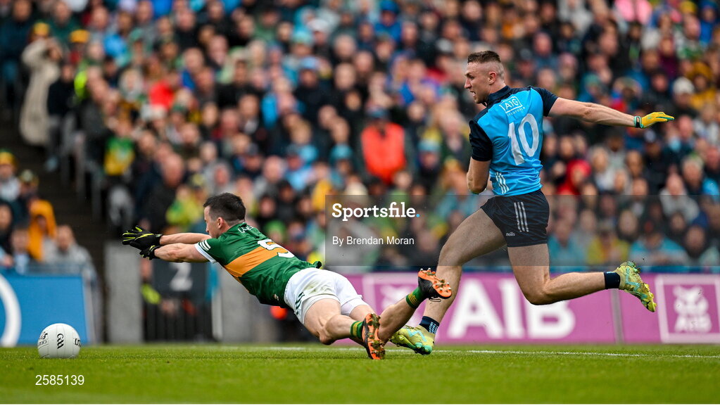 30 July 2023; Paddy Small of Dublin scores his side's first goal despite the efforts of Paul Murphy of Kerry during the GAA Football All-Ireland Senior Championship final match between Dublin and Kerry at Croke Park in Dublin. Photo by Brendan Moran/Sportsfile