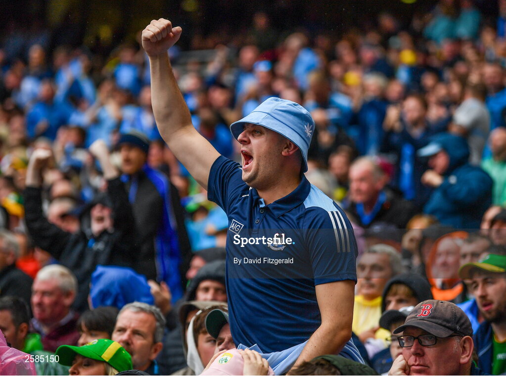 30 July 2023; A Dublin supporter celebrates their side's first goal during the GAA Football All-Ireland Senior Championship final match between Dublin and Kerry at Croke Park in Dublin. Photo by David Fitzgerald/Sportsfile