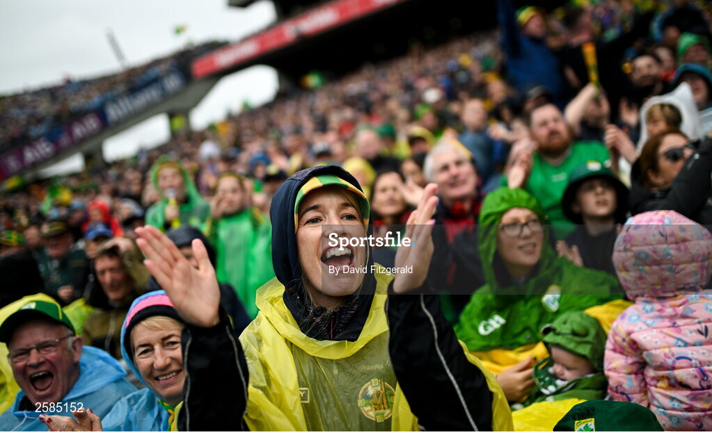 30 July 2023; A Kerry supporter celebrates a point during the GAA Football All-Ireland Senior Championship final match between Dublin and Kerry at Croke Park in Dublin. Photo by David Fitzgerald/Sportsfile