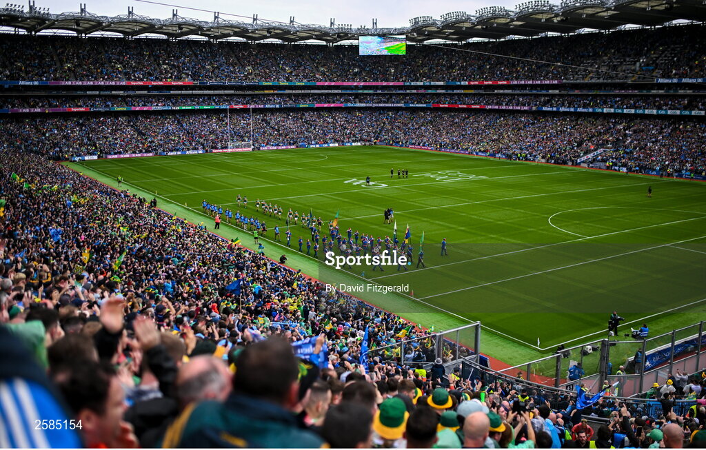 30 July 2023; Both teams parade before the GAA Football All-Ireland Senior Championship final match between Dublin and Kerry at Croke Park in Dublin. Photo by David Fitzgerald/Sportsfile