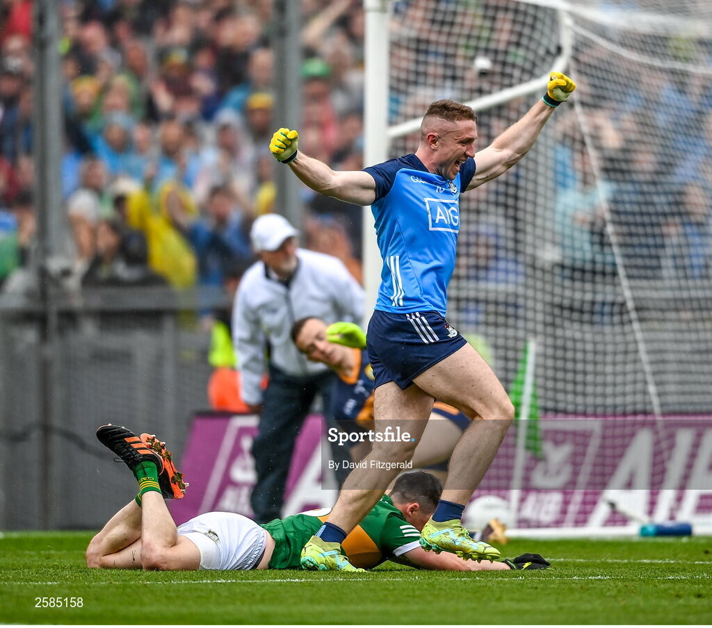 30 July 2023; Paddy Small of Dublin celebrates after scoring his side's first goal during the GAA Football All-Ireland Senior Championship final match between Dublin and Kerry at Croke Park in Dublin. Photo by David Fitzgerald/Sportsfile