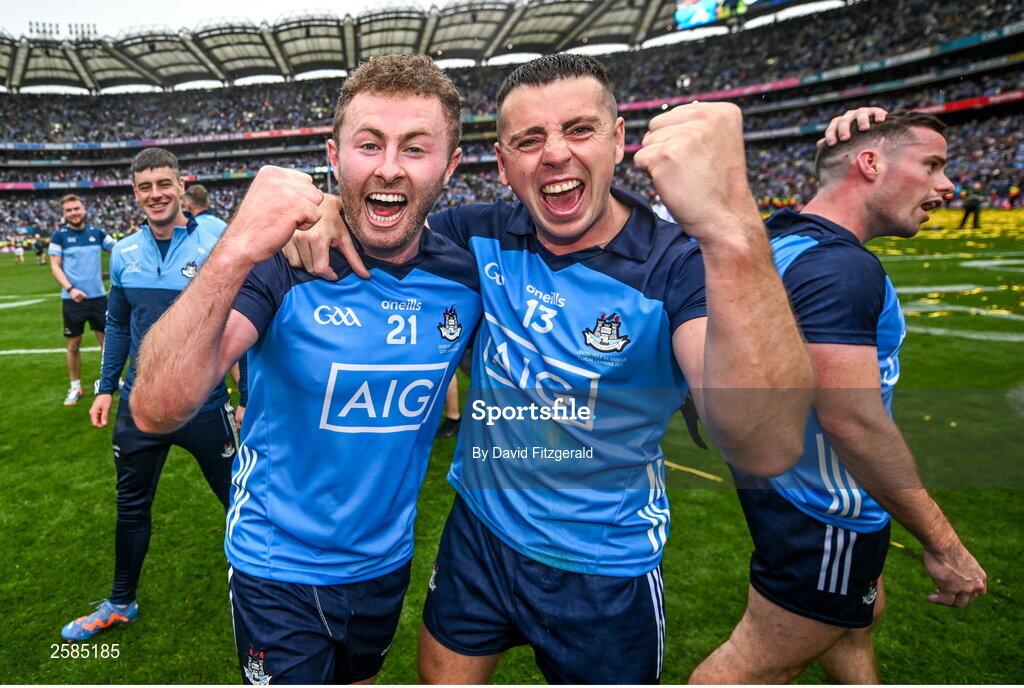 30 July 2023; Dublin players Jack McCaffrey, left, and Cormac Costello after the GAA Football All-Ireland Senior Championship final match between Dublin and Kerry at Croke Park in Dublin. Photo by David Fitzgerald/Sportsfile