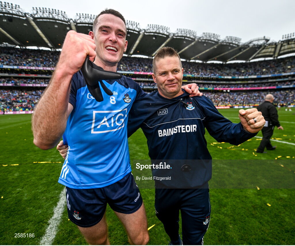 30 July 2023; Brian Fenton of Dublin with Dublin manager Dessie Farrell after the GAA Football All-Ireland Senior Championship final match between Dublin and Kerry at Croke Park in Dublin. Photo by David Fitzgerald/Sportsfile