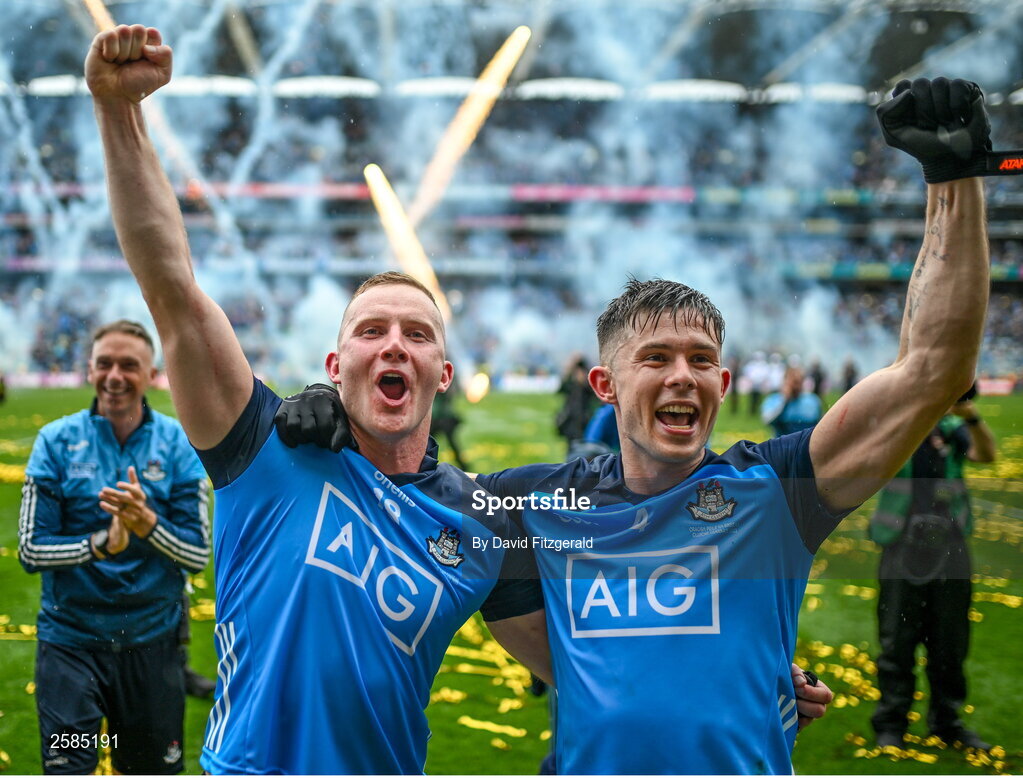 30 July 2023; Dublin players, from left, Ciaran Kilkenny and David Byrne after the GAA Football All-Ireland Senior Championship final match between Dublin and Kerry at Croke Park in Dublin. Photo by David Fitzgerald/Sportsfile