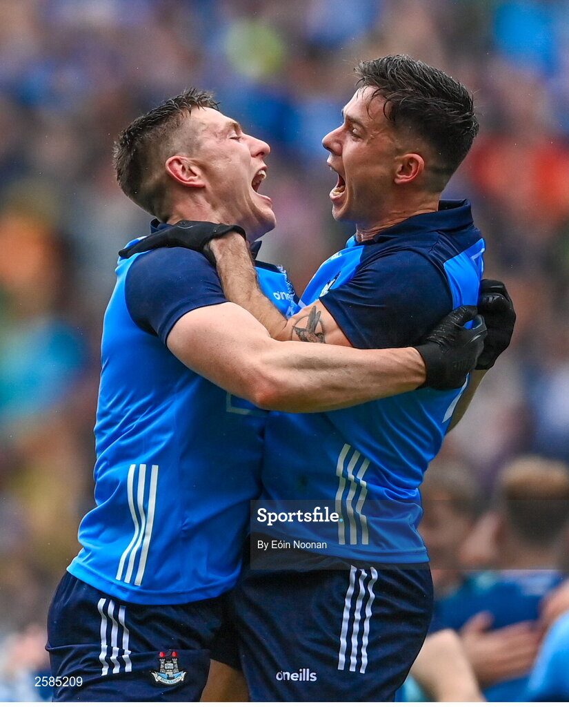 30 July 2023; Dublin players, from left, John Small and David Byrne after the GAA Football All-Ireland Senior Championship final match between Dublin and Kerry at Croke Park in Dublin. Photo by Eóin Noonan/Sportsfile