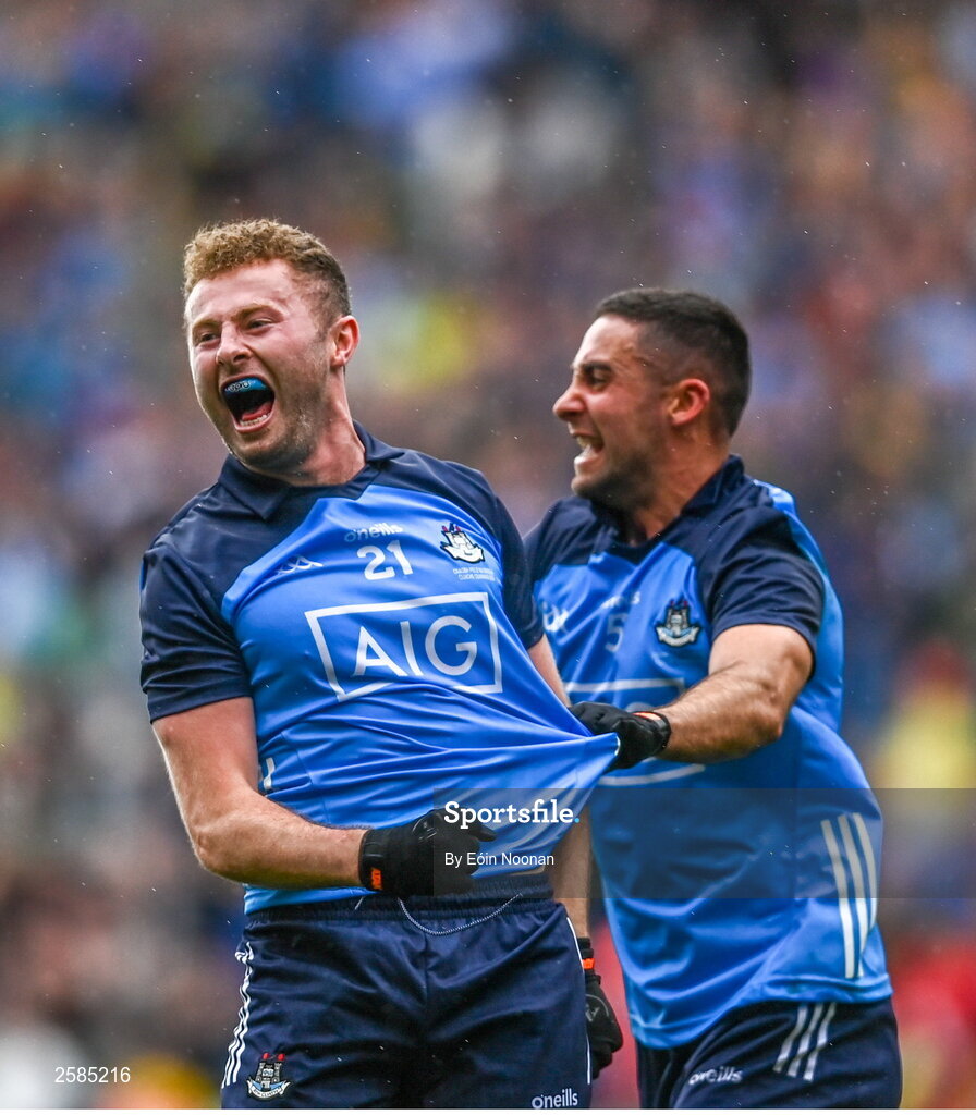 30 July 2023; Dublin players from left, Jack McCaffrey and James McCarthy after the GAA Football All-Ireland Senior Championship final match between Dublin and Kerry at Croke Park in Dublin. Photo by Eóin Noonan/Sportsfile