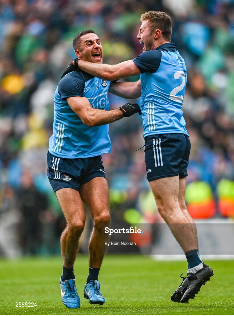 30 July 2023; Dublin players James McCarthy, left, and Jack McCaffrey after the GAA Football All-Ireland Senior Championship final match between Dublin and Kerry at Croke Park in Dublin. Photo by Eóin Noonan/Sportsfile