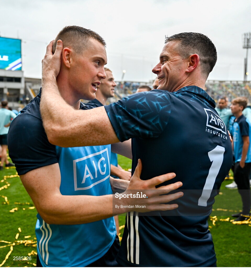 30 July 2023; Dublin players Con O'Callaghan, left, and Stephen Cluxton after the GAA Football All-Ireland Senior Championship final match between Dublin and Kerry at Croke Park in Dublin. Photo by Brendan Moran/Sportsfile