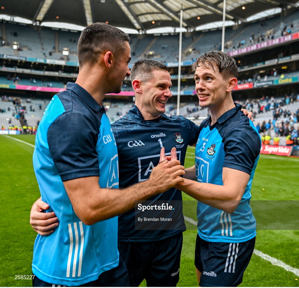 30 July 2023; Dublin players from left, James McCarthy, Stephen Cluxton and Michael Fitzsimons celebrate after the GAA Football All-Ireland Senior Championship final match between Dublin and Kerry at Croke Park in Dublin. Photo by Brendan Moran/Sportsfile