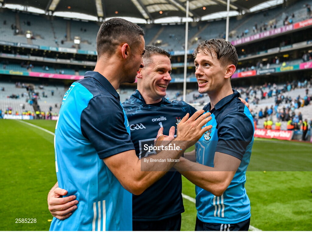 30 July 2023; Dublin players from left, James McCarthy, Stephen Cluxton and Michael Fitzsimons celebrate after the GAA Football All-Ireland Senior Championship final match between Dublin and Kerry at Croke Park in Dublin. Photo by Brendan Moran/Sportsfile