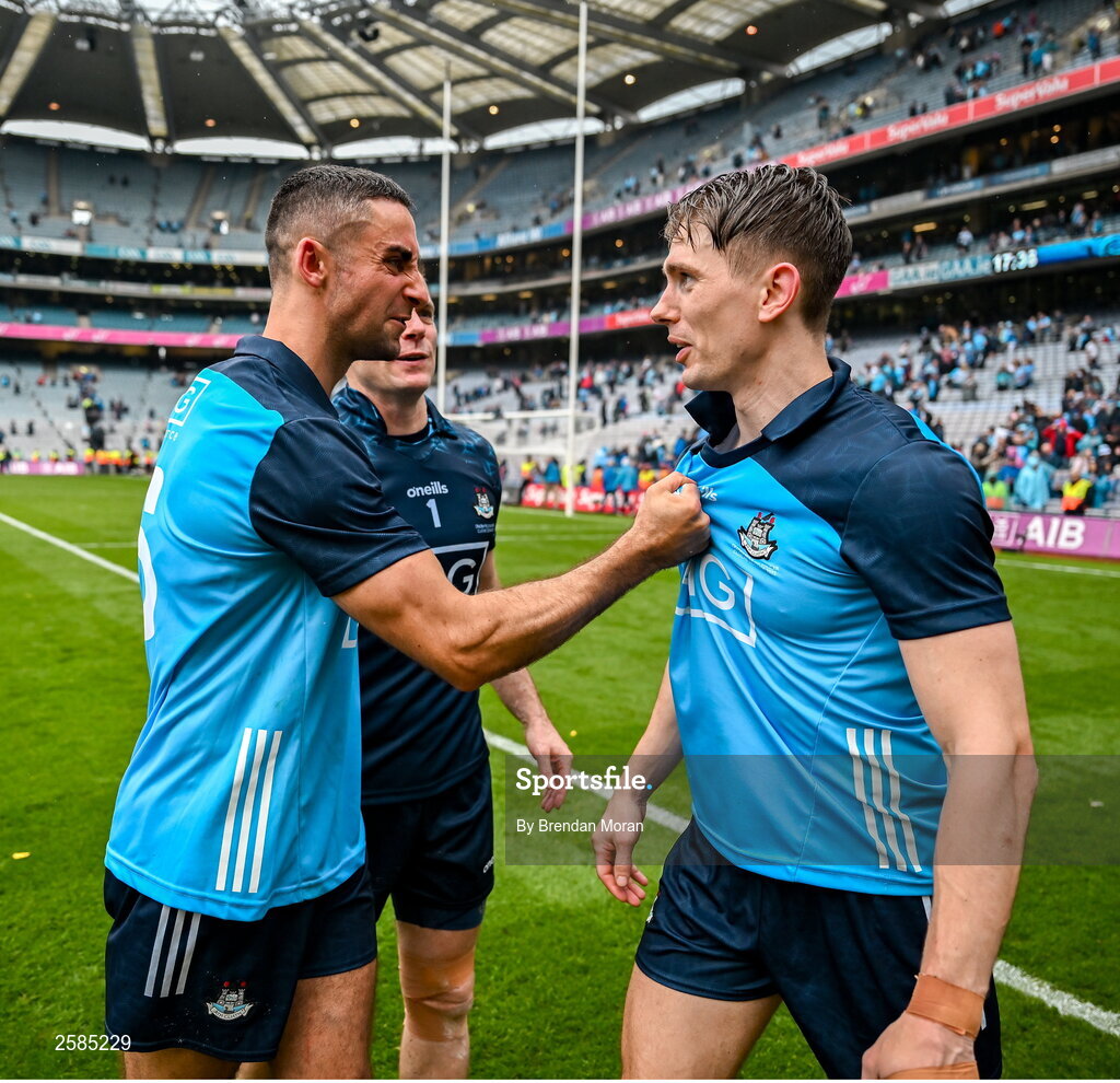 30 July 2023; Dublin players from left, James McCarthy, Stephen Cluxton and Michael Fitzsimons celebrate after the GAA Football All-Ireland Senior Championship final match between Dublin and Kerry at Croke Park in Dublin. Photo by Brendan Moran/Sportsfile