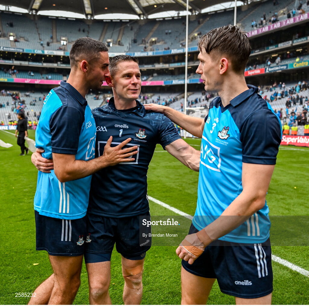 30 July 2023; Dublin players from left, James McCarthy, Stephen Cluxton and Michael Fitzsimons celebrate after the GAA Football All-Ireland Senior Championship final match between Dublin and Kerry at Croke Park in Dublin. Photo by Brendan Moran/Sportsfile