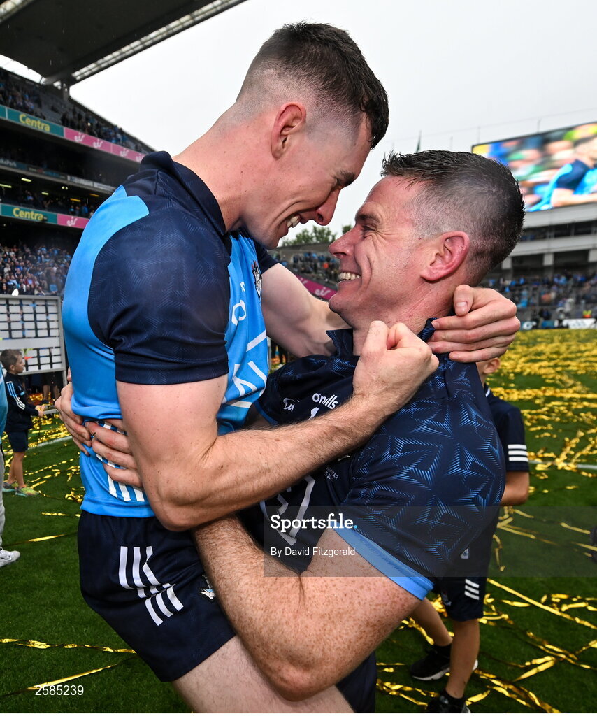 30 July 2023; Stephen Cluxton, right, and Lee Gannon of Dublin celebrate after the GAA Football All-Ireland Senior Championship final match between Dublin and Kerry at Croke Park in Dublin. Photo by David Fitzgerald/Sportsfile