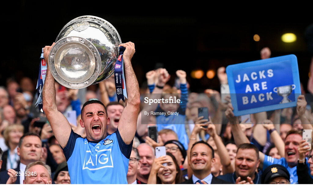 30 July 2023; Dublin captain James McCarthy lifts the Sam Maguire cup after the GAA Football All-Ireland Senior Championship final match between Dublin and Kerry at Croke Park in Dublin. Photo by Ramsey Cardy/Sportsfile
