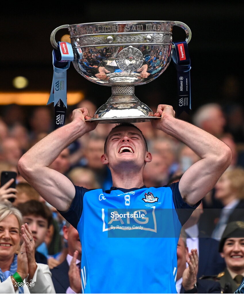30 July 2023; Brian Fenton of Dublin lifts the Sam Maguire cup after the GAA Football All-Ireland Senior Championship final match between Dublin and Kerry at Croke Park in Dublin. Photo by Ramsey Cardy/Sportsfile