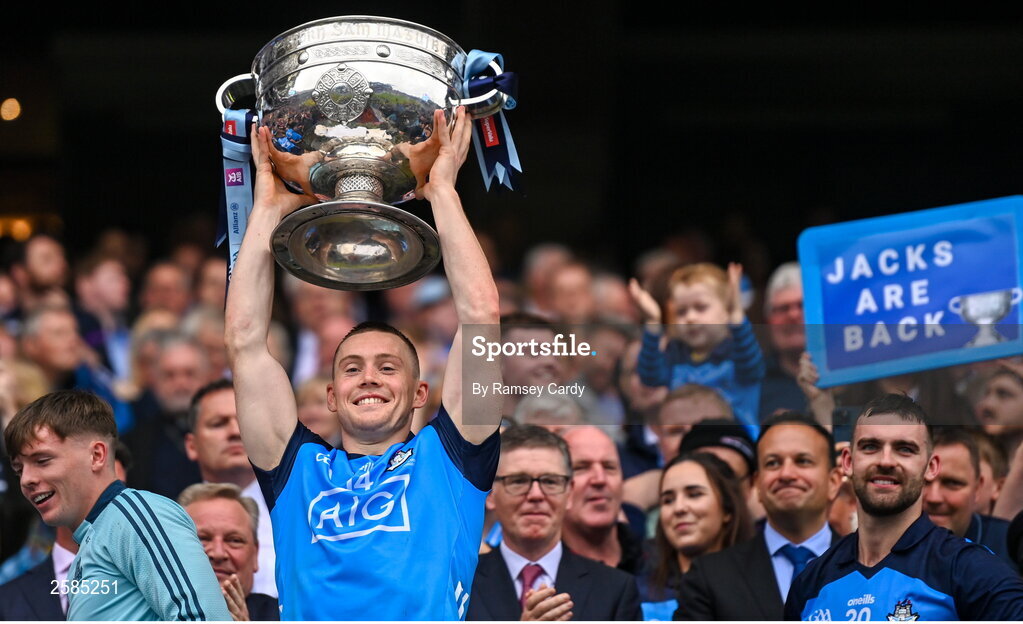 30 July 2023; Con O'Callaghan of Dublin lifts the Sam Maguire cup after the GAA Football All-Ireland Senior Championship final match between Dublin and Kerry at Croke Park in Dublin. Photo by Ramsey Cardy/Sportsfile